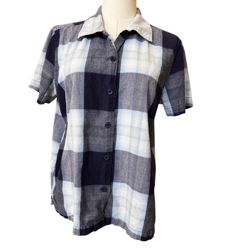 Lemon Grass Women's Blue White Plaid Block Check Button Down Shirt Top Size M